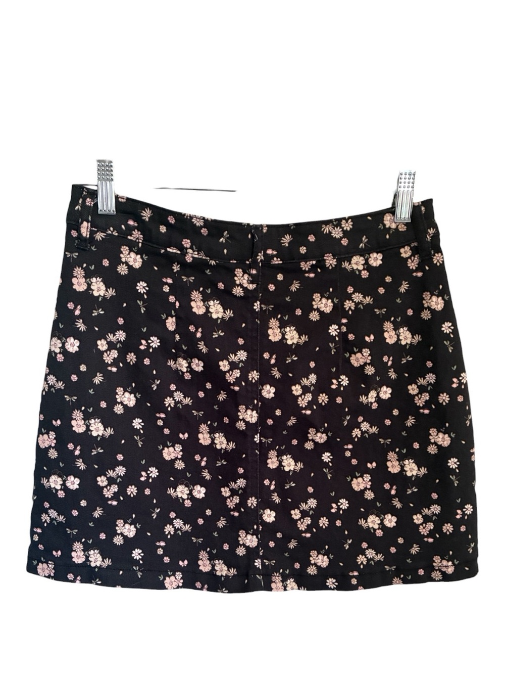 Boho Ditsy Coquette Whimsigoth Black Denim Mini Skirt Pink Floral Print Sz M - Picture 2 of 7